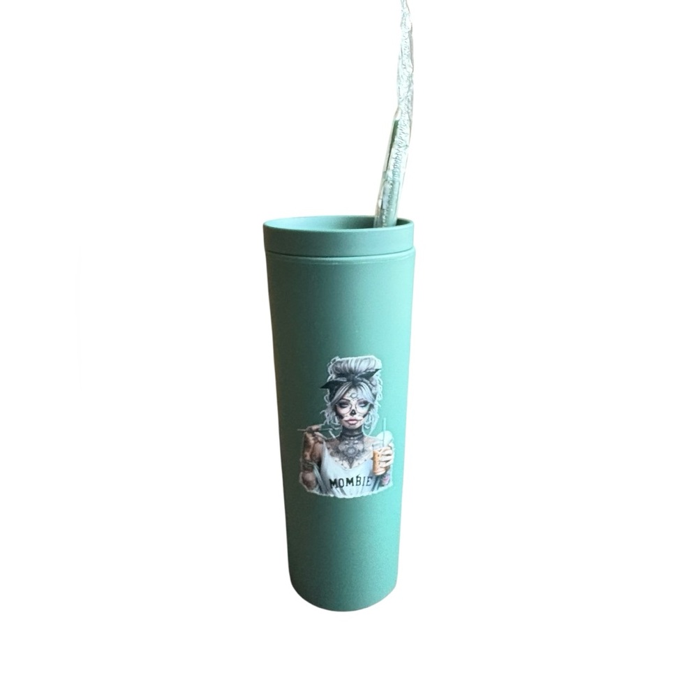 NWT “Mombie” Halloween Themed Teal Travel Tumbler with‎ Straw